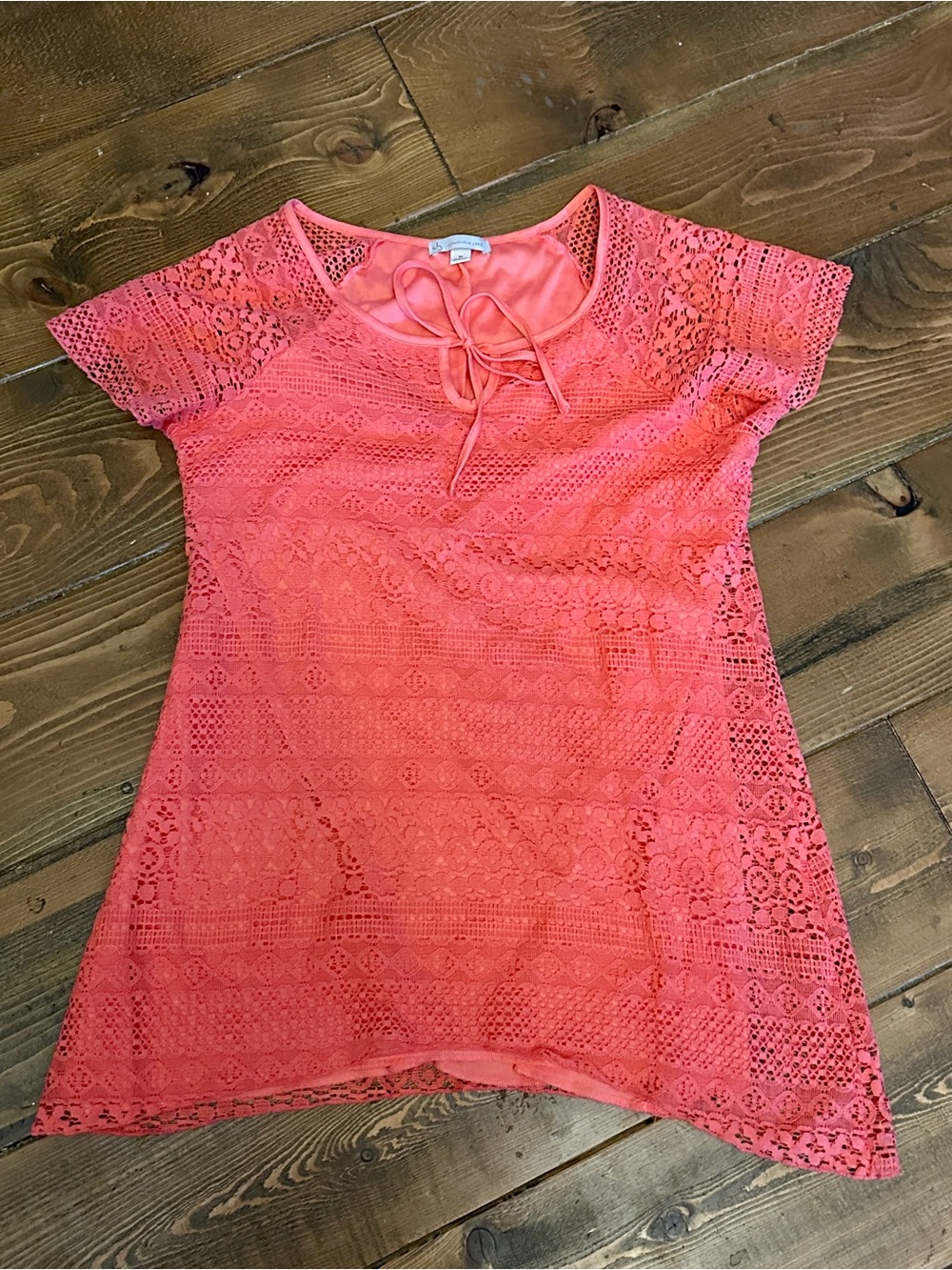 Coral Lace Overlay Short-Sleeve Tunic dress or swim suit coverup